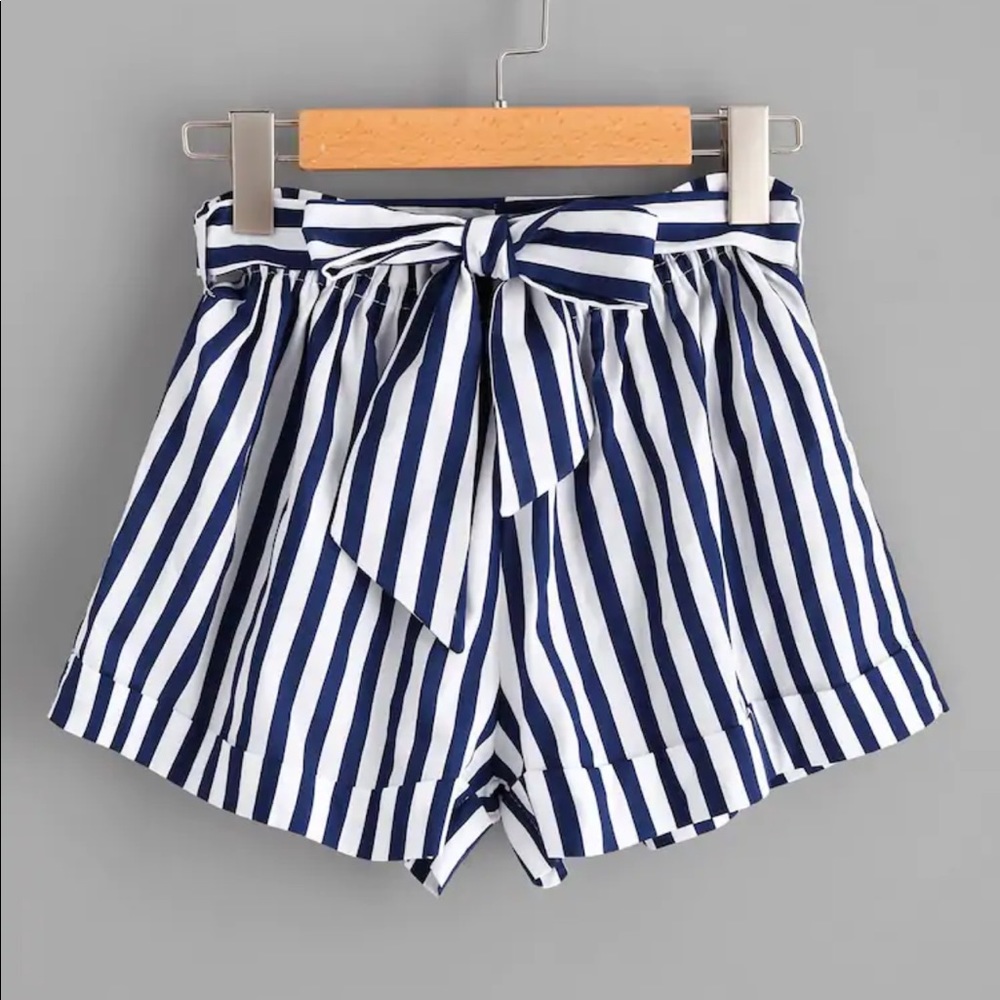 SOLD OUT❗️Striped Self Tie Waist Shorts - Picture 1 of 8